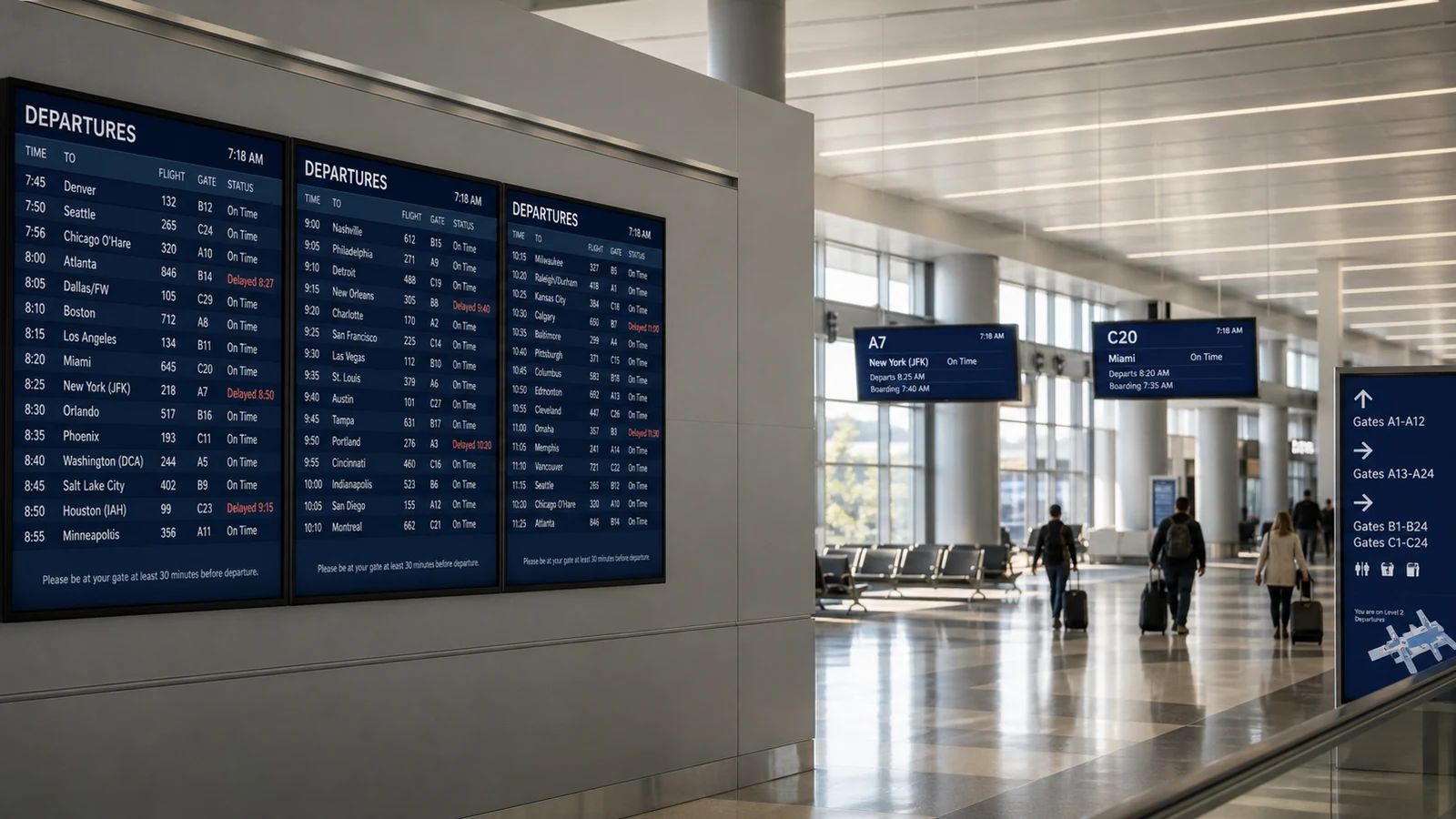 Airport terminal with a wall of departure boards, overhead gate-information screens and a wayfinding directory display